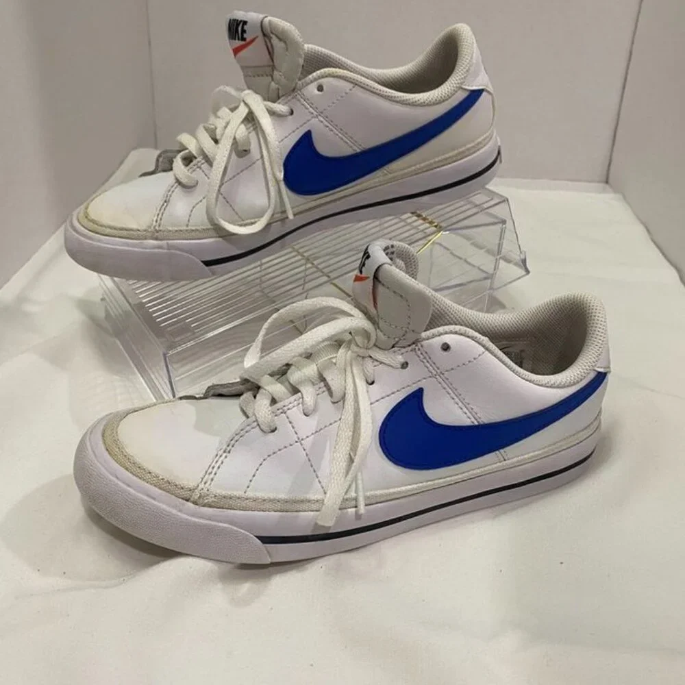 Nike Court Legacy Low White Royal Blue Leather Sneakers Youth 4.5Y